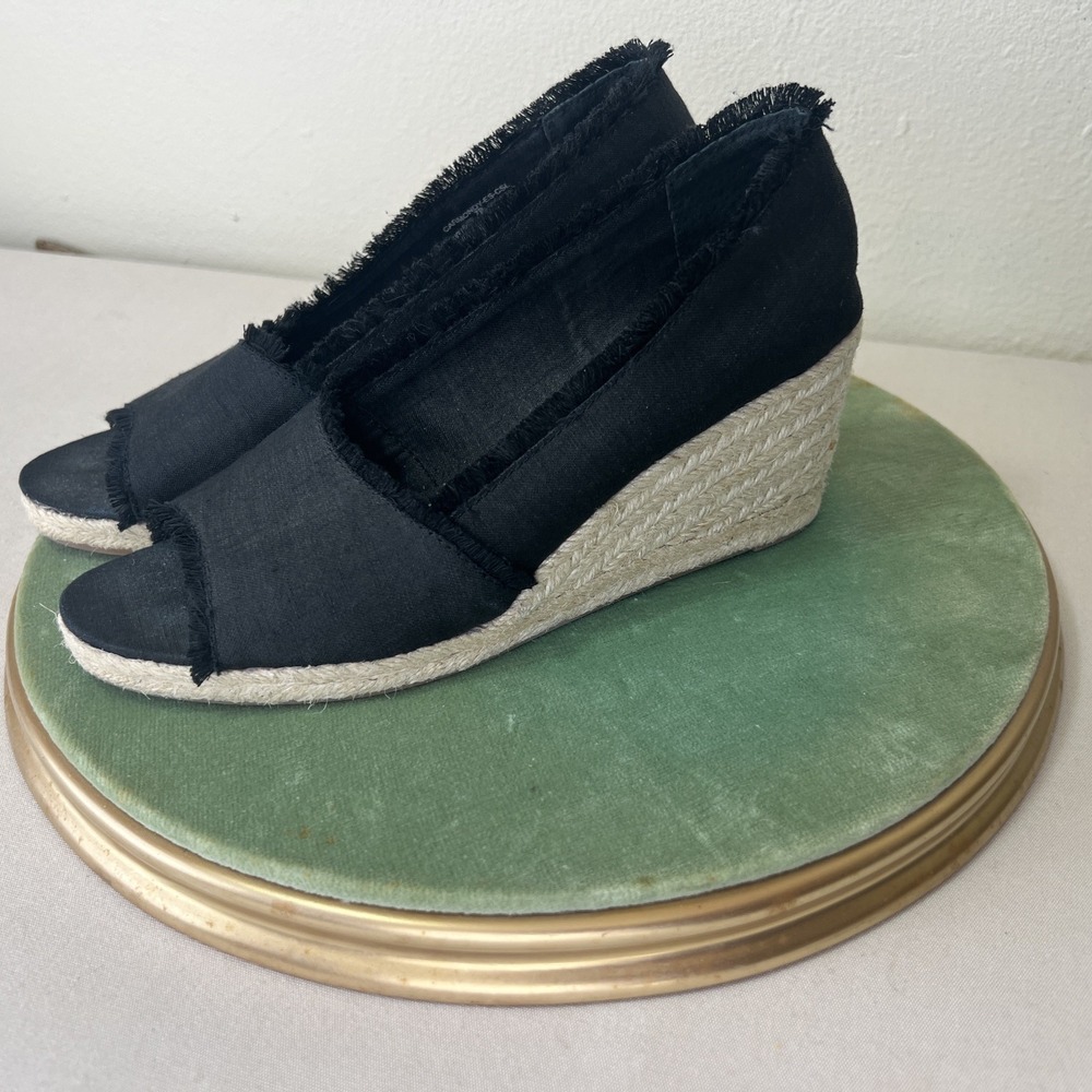 Lauren Ralph Lauren Linen Size 7 Carlynda Fringe Wedge Espadrilles | Black